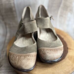 Jambu Olive and Tan Mary Jane Flats